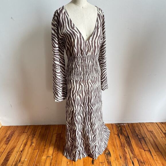 CONTREPOINT 2010s Brown/White Zebra Ruched Bell-Sleeve Maxi Dress - Picture 3 of 8